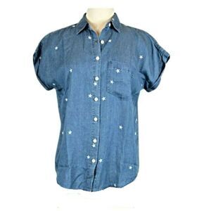 Button Front Top Chambray Denim Collared Short Sleeve Frayed Hem Blue Women's XS